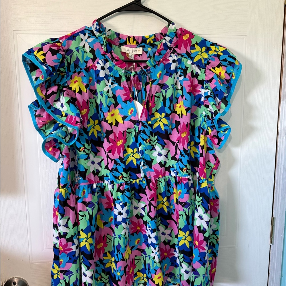 Umgee Vibrant Floral Blouse with Ruffle Sleeves - Picture 3 of 4